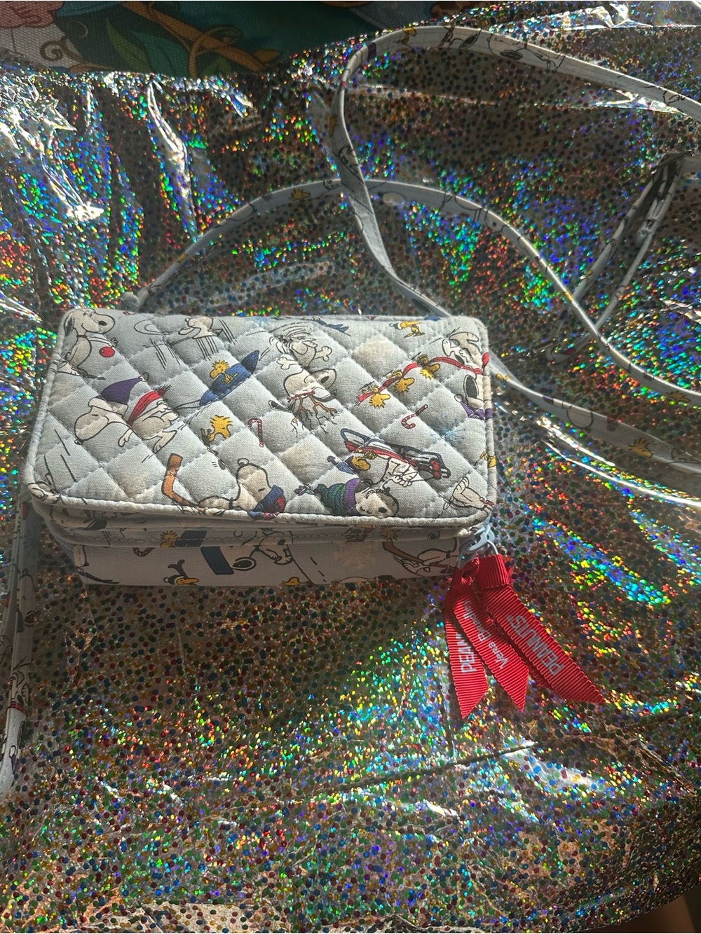 Quilted Cartoon Print Crossbody Bag in Light Gray with Red Trim Accents